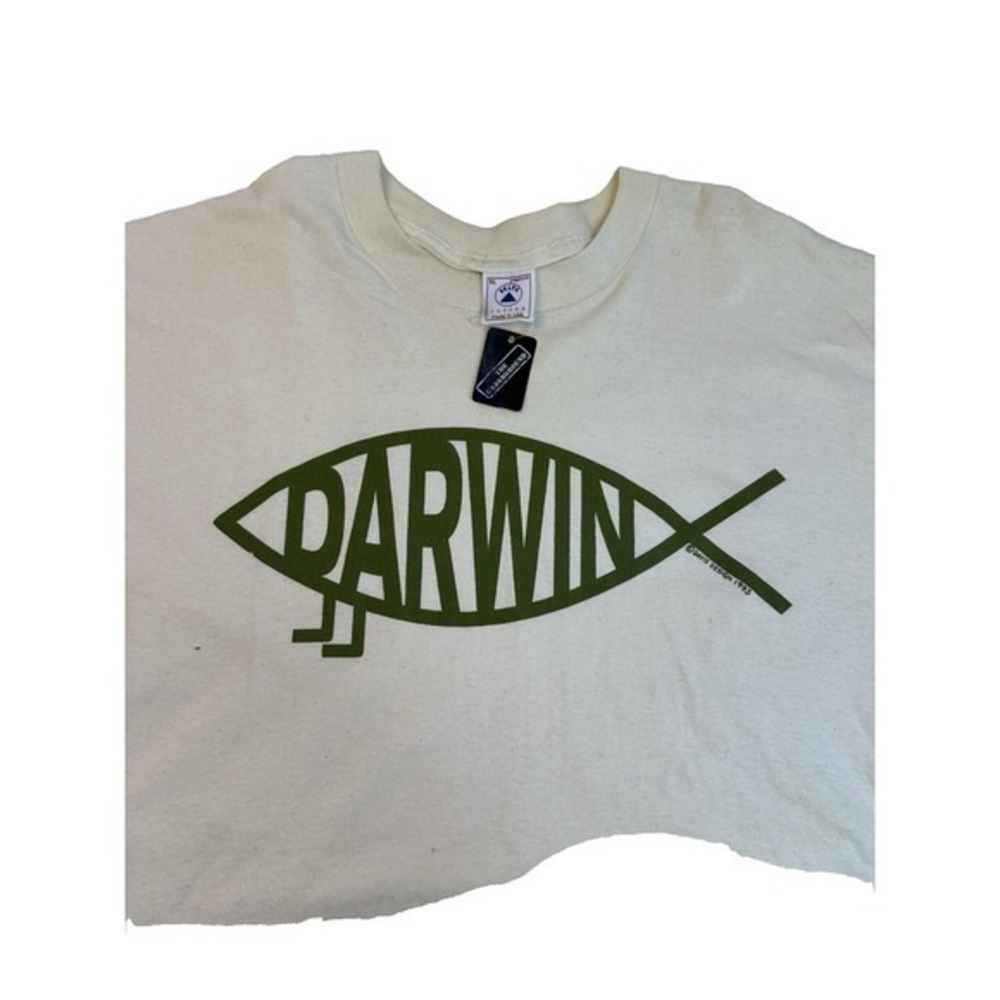 Vintage‎ 90s 1993 Single Stitch Art Tee T Shirt XL Darwin Fish Funny KC